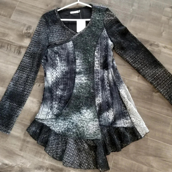 Y2K Grey Asymmetrical Patchwork Mesh Knit Tie Dye Tunic - Picture 3 of 6